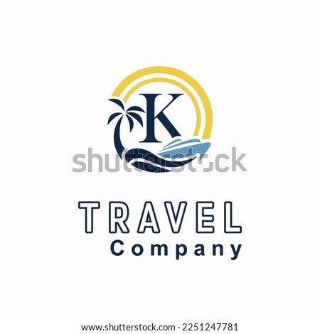 Initial K Letter With Coconut Palm Tree, Marine Ship, Sun Icon for Travel Guide Business Logo Idea Template