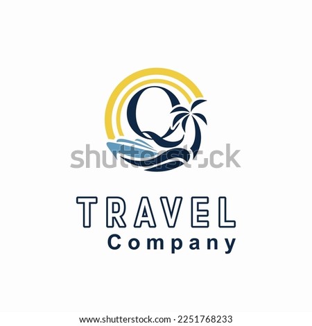 Initial Q Letter With Coconut Palm Tree, Marine Ship, Sun Icon for Travel Guide Business Logo Idea Template