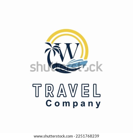 Initial W Letter With Coconut Palm Tree, Marine Ship, Sun Icon for Travel Guide Business Logo Idea Template