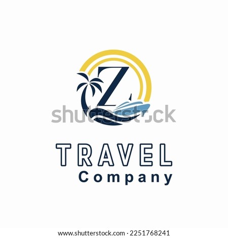 Initial Z Letter With Coconut Palm Tree, Marine Ship, Sun Icon for Travel Guide Business Logo Idea Template