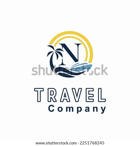 Initial N Letter With Coconut Palm Tree, Marine Ship, Sun Icon for Travel Guide Business Logo Idea Template