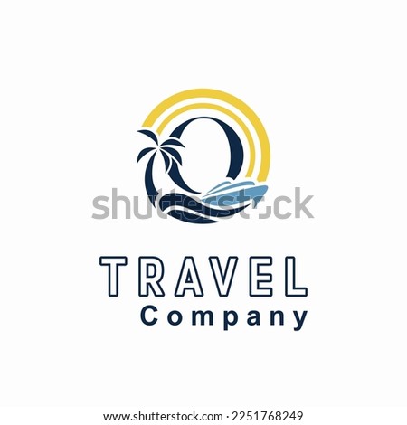 Initial O Letter With Coconut Palm Tree, Marine Ship, Sun Icon for Travel Guide Business Logo Idea Template