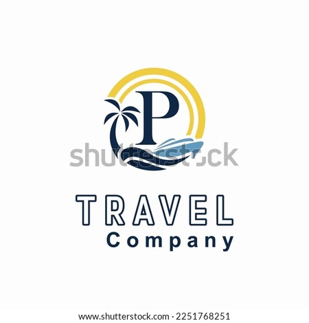 Initial P Letter With Coconut Palm Tree, Marine Ship, Sun Icon for Travel Guide Business Logo Idea Template