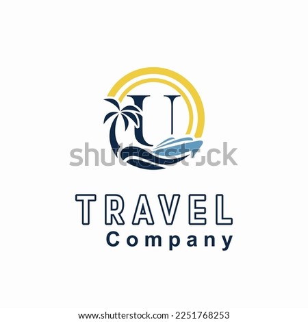 Initial U Letter With Coconut Palm Tree, Marine Ship, Sun Icon for Travel Guide Business Logo Idea Template