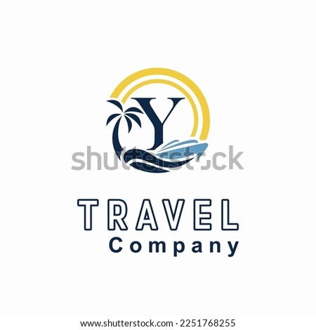 Initial Y Letter With Coconut Palm Tree, Marine Ship, Sun Icon for Travel Guide Business Logo Idea Template