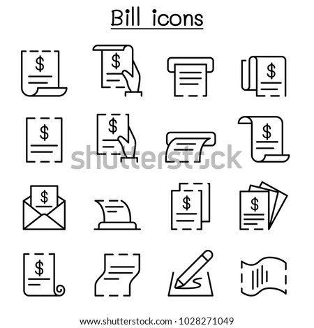 bill, receipt, invoice, contract icon set in thin line style