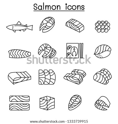 Fresh salmon fish icon set in thin line style