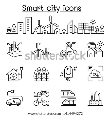 Smart city, Sustainable town, Eco friendly city icon set in thin line style