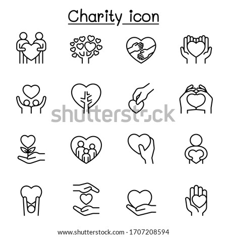 Set of Donation & Charity related vector line icons. contains such Icons as kindness, fundraiser, volunteer, support, heart, helping, care, give, hope, friendship, hug, protect and more.
 Stock foto © 
