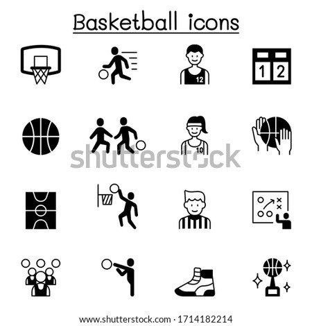 Set of Basketball related vector icons. contains such Icons as ball, player, refree, basketball court, shoes, scoreboard, trophy, hoop and more.