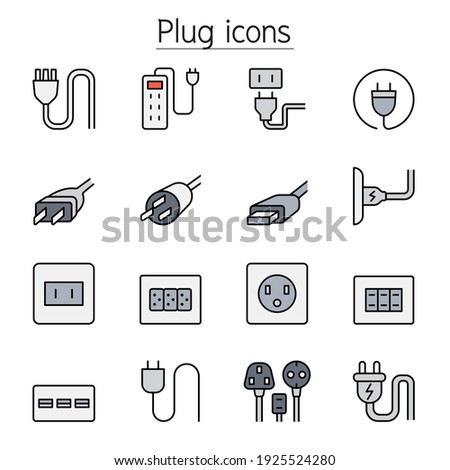 Plug, socket, outlet color line icons 