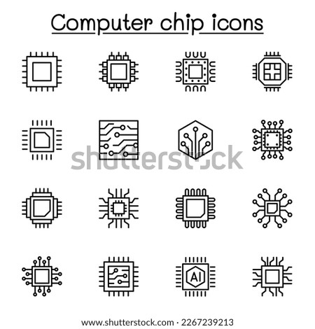 Computer chip icon set in line style