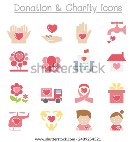 Donation  Charity icon set in flat color style