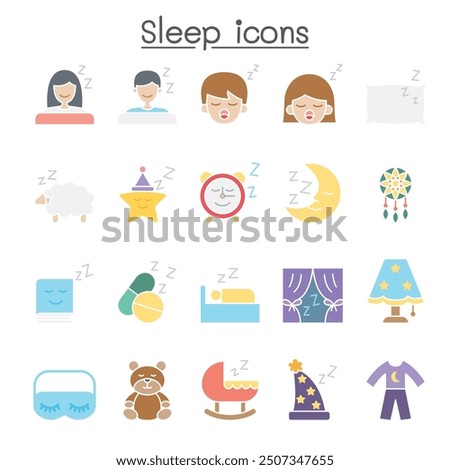 Sleep icons set in flat color style