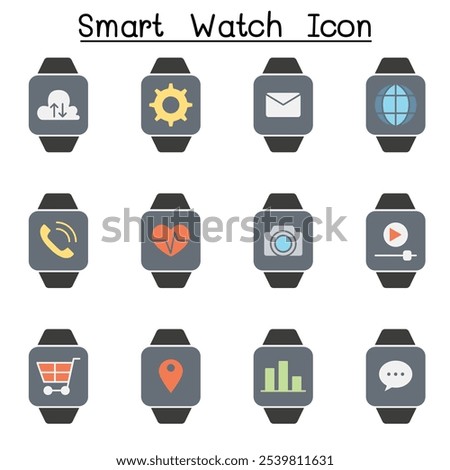 Smart watch icon set in flat color style