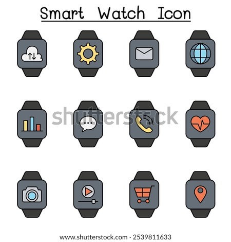 Smart watch icon set in color line style