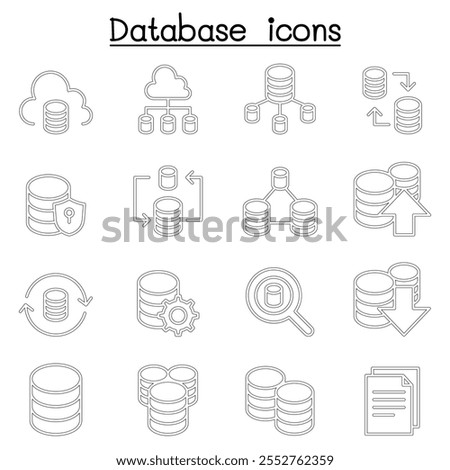 Server, Database, Hosting, Sharing, Cloud computing icon set in thin line style