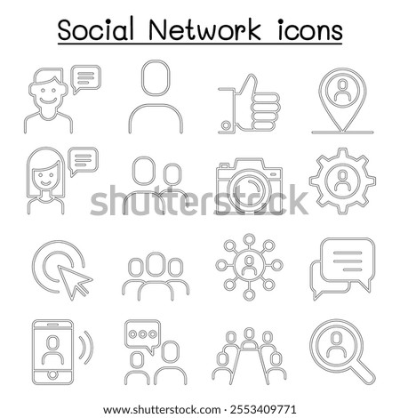 Social network, social media icon set in thin line style