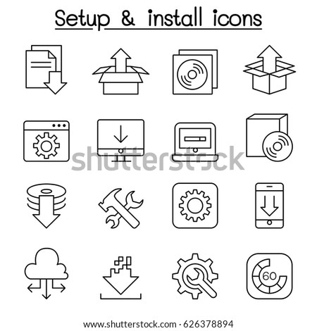 Setup , configuration, maintenance & Installation icon set in thin line style