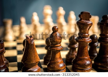 chess black and white pieces on the wooden Board