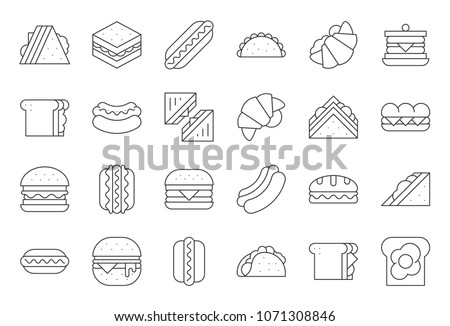 Hamburger, Hotdog, club sandwich, Mexican taco, egg, ham, salad sandwich, croissant, outline icon