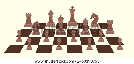 Set of chessboard pieces arranged on a chessboard pattern