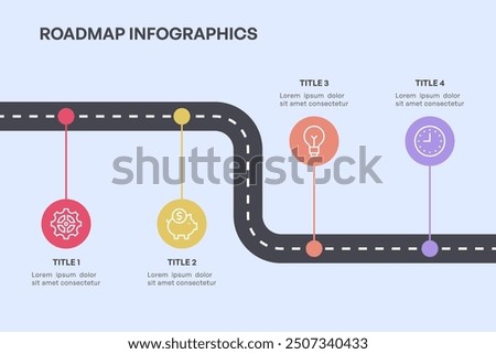 Simple 4-Node Roadmap Infographic with Curved Path and Colorful Icons, Vector Illustration