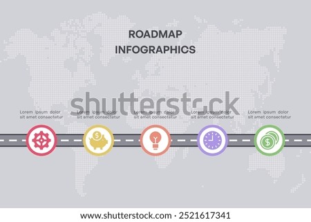 Roadmap Infographic with Business and Finance Icons, 5 Nodes on World Map Background, Vector Illustration