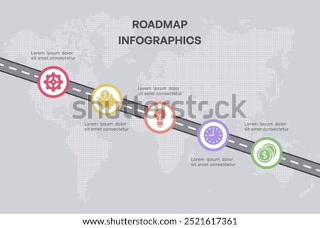 Roadmap Infographic with Business and Finance Icons, 5 Nodes on World Map Background, Vector Illustration