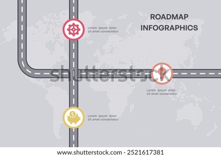 Roadmap Infographic with Business and Finance Icons, 3 Nodes on World Map Background, Vector Illustration