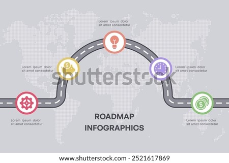 Roadmap Infographic with Business and Finance Icons, 5 Nodes on World Map Background, Vector Illustration