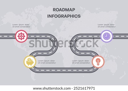 Roadmap Infographic with Business and Finance Icons, 4 Nodes on World Map Background, Vector Illustration