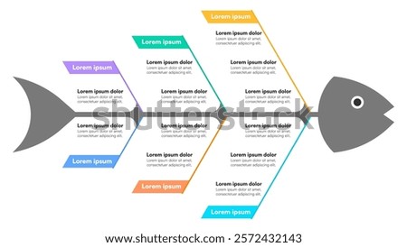 Stylized Fishbone Diagram with Color-Coded Branches and Text Nodes for Creative Presentation Design on White Background