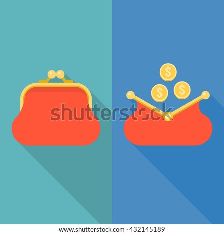 open and close purse with coins , flat design