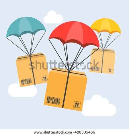delivery service concept illustration vector, parcel with parachute for shipping, flat design vector