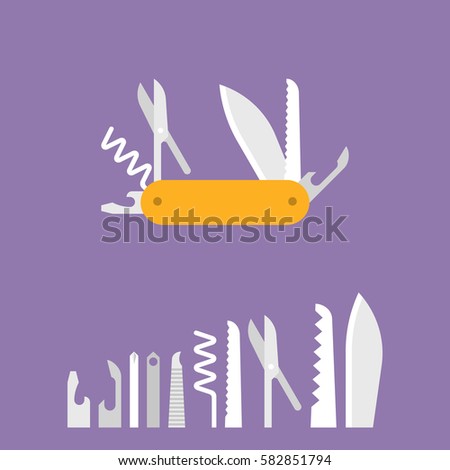 multifunctional pocket knife icon and set of multitool equipment for camping, hiking, flat design