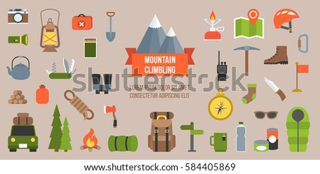 Mountain climbing equipments pictogram, icon and elements in flat design