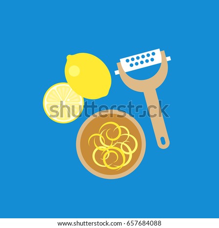 lemon, grater and lemon zest in wooden bowl, flat design icon