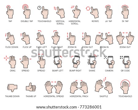 Hand gestures icons set with name, for use as interface of smartphone application and tablet