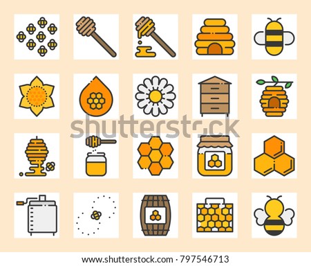 Honey farm icon set, filled outline design, 128 px with 4 px stroke pixel perfect