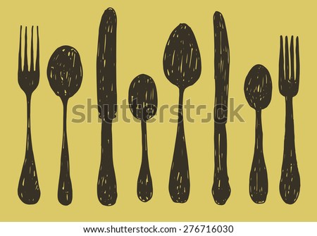 hand drawn spoon, fork and knife collection. vector illustration