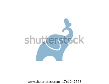 Butterfly resting on the trunk of an elephant. Strength and gentleness concept. Vector logo, emblem or symbol