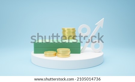 Increasing arrow and stack of money as financial saving rising concept on white podium, increasing of interest rates, financial concept and business profit growth concept, 3d rendering illustration. Foto stock © 