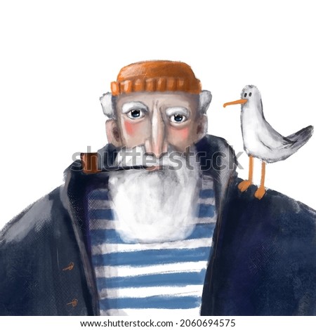 brutal seaman portrait with seagull, watercolor style artwork, illustration with cartoon character good for card, print and poster design