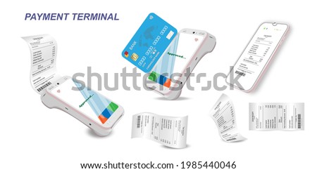 Vector payment machine and credit card. POS terminal confirms the payment by debit credit card, invoce. Vector illustration in flat design. NFC payments concept. Isometric NFC payments concept