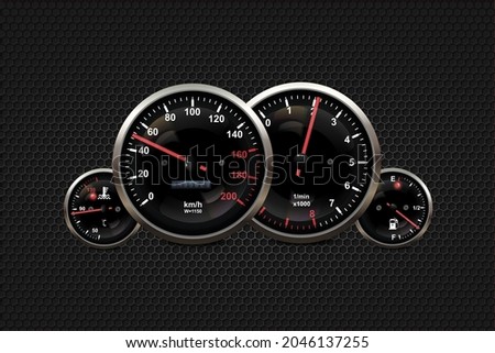 Car dashboard speedometer, tachometer, digital LED indicators for fuel and engine temperature. Vector realistic elements of car dashboard instrument cluster.