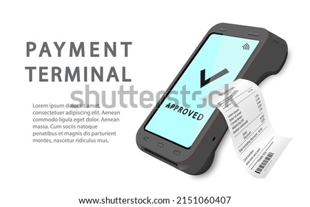 Vector Realistic black 3d Payment machine. Close-up of a POS terminal with a receipt and text on a white background. Design template, layout. Top View