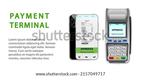 Vector Realistic black 3d Payment machine. Close-up of a POS terminal with a receipt with a smartphone and text on a white background. Design template, layout. Top View