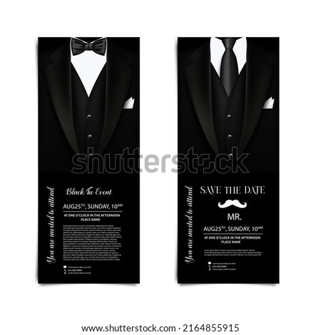 Vector business cards with elegant suit and tuxedo. Invitation flyer for the holiday