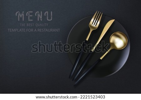 Realistic 3D golden fork, knife and spoon on a black grunge background. Fashionable modern poster for a restaurant. Top view vector illustration.